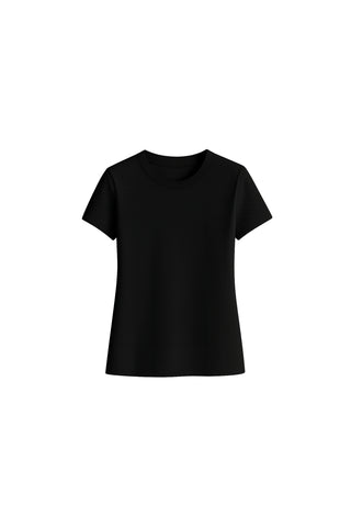 The Amaya Ultra-Soft T-Shirt in black features short sleeves and ultra-soft fabric, shown on a white background.