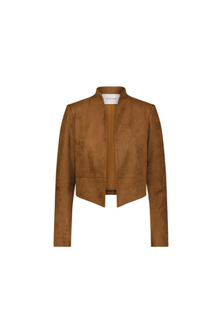 The Yasmin Suede Jacket - Cognac is a women's long-sleeve, cropped jacket with clean lines, an open front, collarless design, and asymmetrical hem in suede-textured brown, shown on a plain white background.