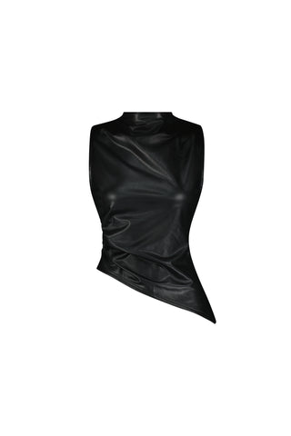 The Zaina Leather Top - Black is a sleeveless, faux leather evening top with a high neckline, an asymmetrical silhouette, shiny finish, and subtle side ruching for a modern, edgy look.