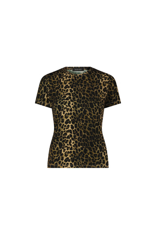 The Amaya Ultra-Soft T-Shirt - Leopard features a short-sleeved, fitted slim cut and a brown and black leopard print, shown against a plain white background.