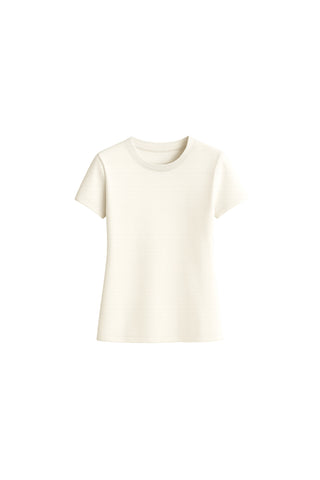 The Amaya Ultra-Soft T-Shirt in white, featuring a plain design and short sleeves with a crew neck, is showcased against a white background.