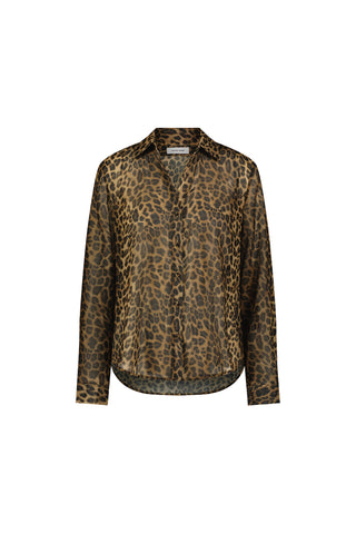 The Ana Chiffon Blouse - Leopard features long sleeves and a button-down design with a brown and black leopard print, shown on a plain white background.