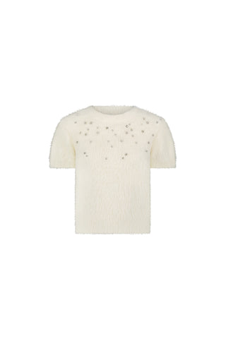 The Angel Fluffy Sweater Top - White features an ultra-soft knit, short sleeves, a crew neckline, and delicate pearl embellishments across the upper front and shoulders.