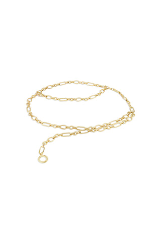 The Arden Chain Belt - Gold features elongated oval links and a small circular charm, elegantly coiled on a white background—an essential classic accessory for any wardrobe.