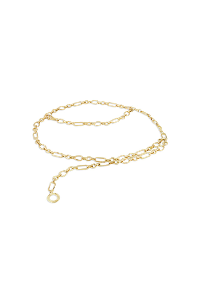 The Arden Chain Belt - Gold features elongated oval links and a small circular charm, elegantly coiled on a white background—an essential classic accessory for any wardrobe.