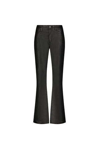 The Aria Coated Flare Jean - Black features a high-rise, flared leg, front pockets, belt loops, button and zip closure, fitted hips, and is displayed on a plain white background.