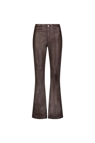 The Aria Coated Flare Jean in Espresso features a high-rise fit, front pockets, button closure, and a shiny leather-like finish, shown on a white background.
