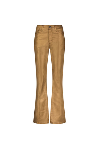 The Aria Coated Flare Jean in Gold Metallic features a high-rise fit, front pockets, belt loops, and a button closure, shown on a white background.