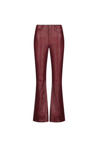 Aria Coated Flare Jean - Merlot: Flared, high-rise coated jeans with front button and zipper closure, plus front and back pockets, shown on a white background.
