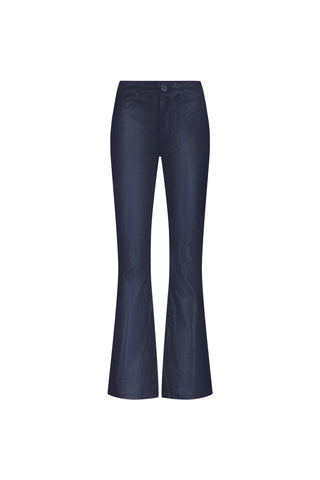 Aria Coated Flare Jean - Navy: High-rise, dark blue jeans with front pockets, belt loops, and button closure in a slim bootcut style, displayed on a white background.
