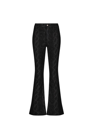 Aria Coated Flare Jean - Python: Black high-waisted, slim bootcut pants with a subtle python foil pattern and front button-zipper closure, shown on a white background.