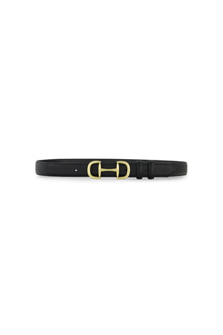The Bettie Belt - Black features pebbled faux leather and a gold-toned double-ring horsebit buckle, displayed flat on a white background.