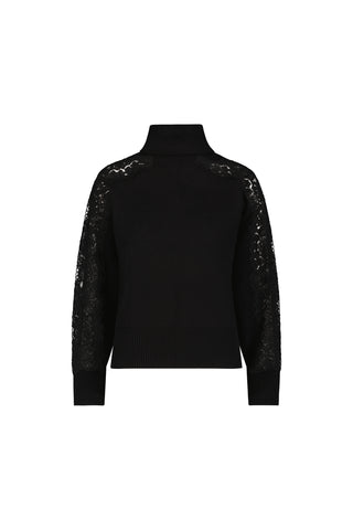 The Camille Lace Turtleneck Sweater in black features long sleeves, delicate lace detailing on the shoulders and sleeves, and ribbed cuffs and hem, shown against a plain white background.
