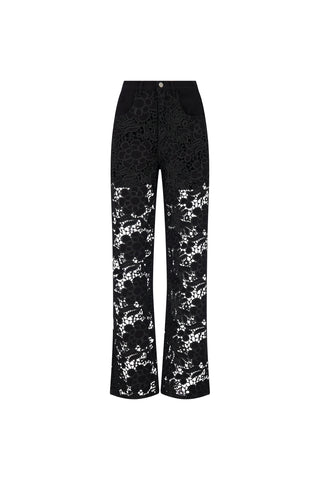 The Celeste High Rise Jean - Black is a high-waisted, straight-leg jean with signature denim and floral lace that fades from dense and dark at the top to light and sheer at the bottom for a flattering silhouette.