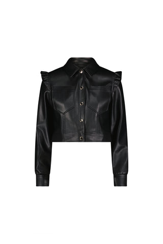The Chantal Ruffle Sleeve Leather Jacket in black features long sleeves, front snap buttons, chest pockets, and ruffled shoulder details—making it a chic statement piece for fall. Shown against a plain white background.