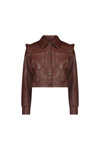 The Chantal Ruffle Sleeve Leather Jacket - Espresso is a cropped brown faux leather jacket featuring front buttons, two large chest pockets, long sleeves, and ruffled shoulder details, shown on a plain white background.