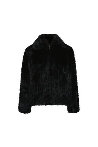 The Dani Fur Coat - Black is a cruelty-free, faux fur coat with long sleeves and a wide collar, shown against a plain white background.