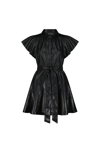The Devin Leather Ruffle Dress - Black features a collared neckline, ruffle puff sleeves, button-down front, waist belt, flared skirt, and a glossy faux leather finish for chic style.