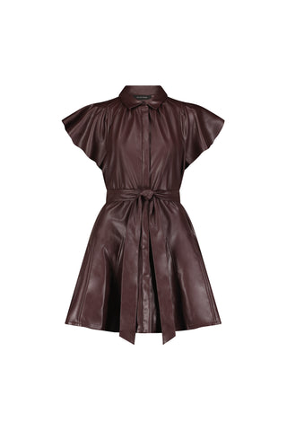 The Devin Leather Ruffle Dress - Merlot features short sleeves, a collar, front buttons, flared skirt, and a matching tie belt in faux leather, all shown on a plain white background.