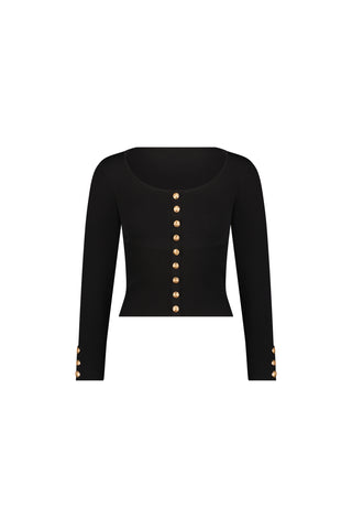 The Edie Knit Top - Black is a lightweight, long-sleeve cardigan with a scoop neckline and gold buttons on the front and cuffs, shown elegantly against a white background.