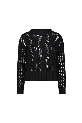 The Elea Crystal Knit Sweater - Black features a round neckline, long sleeves, openwork see-through pattern, and ribbed cuffs and hem, embodying luxury knitwear, displayed against a plain white background.