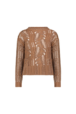 The Elea Crystal Knit Sweater in Mocha features a lace-like open knit with a crew neck, long sleeves, and ribbed cuffs, hem, and neckline. This relaxed fit sweater is showcased against a plain white background.