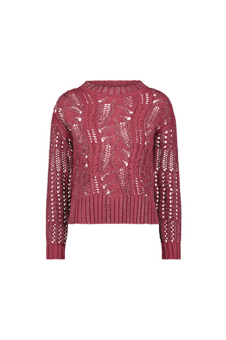 The Elea Crystal Knit Sweater - Sangria features a maroon, long-sleeve, open-weave lacy design with ribbed cuffs and hem. Shown on a white background, it's perfect for lovers of luxury knitwear.