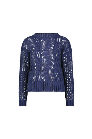 The Elea Crystal Knit Sweater in Sapphire is a navy blue openwork knit with long sleeves, shown against a plain white background.