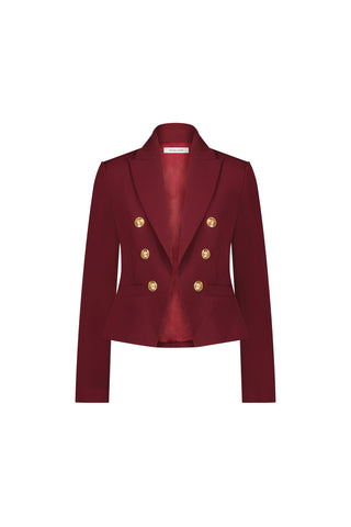 The Gabrielle Double Breasted Blazer - Merlot features a tailored fit, long sleeves, deep V-neck, six gold buttons in two rows, a structured silhouette, and no visible pockets.