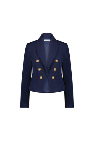 The Gabrielle Double Breasted Blazer - Navy features gold buttons and long sleeves, shown on a plain white background.