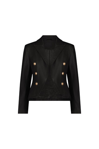 The Gabrielle Leather Double Breasted Blazer in black features a tailored waist, long sleeves, six gold buttons in two rows, a structured fit, and a notched collar.