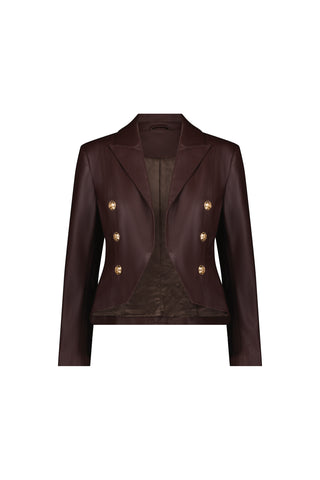 The Gabrielle Leather Double Breasted Blazer - Espresso is a dark brown, cropped blazer with a tailored waist, long sleeves, gold double-row buttons on the front, a classic collar, and a sleek, closure-free design.