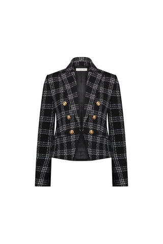 The Gabrielle Tweed Double Breasted Blazer - Black features a white checkered pattern, structured shoulders, long sleeves, six gold buttons in two rows, a tailored fit, and an open front design.