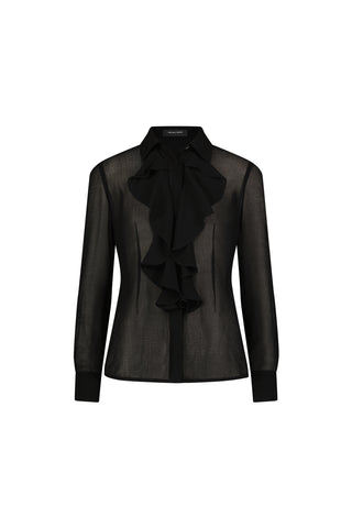 The Georgia Semi-Sheer Blouse - Black features long sleeves, a button front, collared neckline, dramatic center ruffle, wrist cuffs, and a slightly fitted silhouette for a chic statement look.