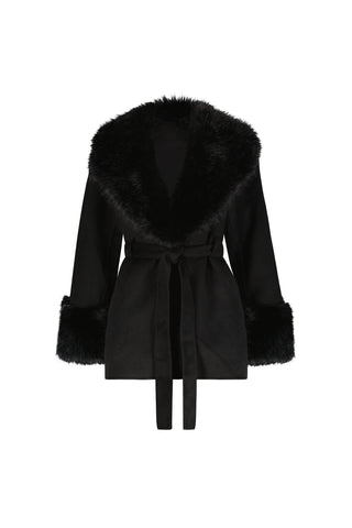 The Isabel Fur Trim Coat - Black features a wide faux fur collar and cuffs, a matching waist belt, and a soft, plush texture for an elegant drape and stylish silhouette suitable for any occasion.