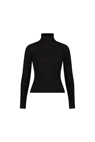 The Alina Rose Turtleneck Top in black is a fitted, long-sleeve piece featuring a subtle rose motif and delicate knit lace details.
