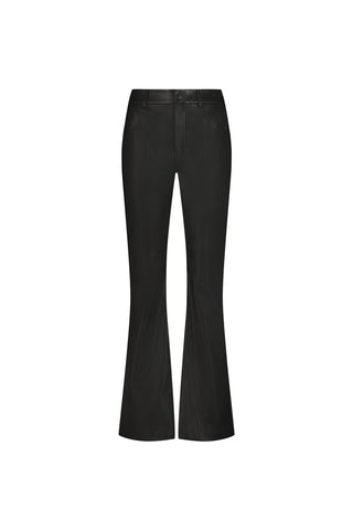 The Jackie Leather Pant - Black features a mid-rise waist, flared legs, front button and zipper closure, and standard front and back pockets, shown against a plain white background.