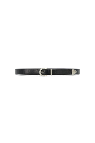 The Jamie Belt - Black/Silver is a slim faux leather belt with a crocodile-effect texture, silver hardware, and a pointed tip.