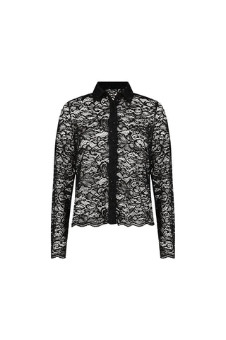 The Jena Lace Button Up Shirt in black features sheer floral lace, long sleeves, a collar, button-down front, and a scalloped hem for a truly feminine look.