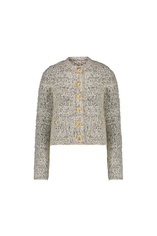 The Joana Knit Cardigan - Grey features a textured knit, long sleeves, crew neck, and stylish gold dome buttons down the front.