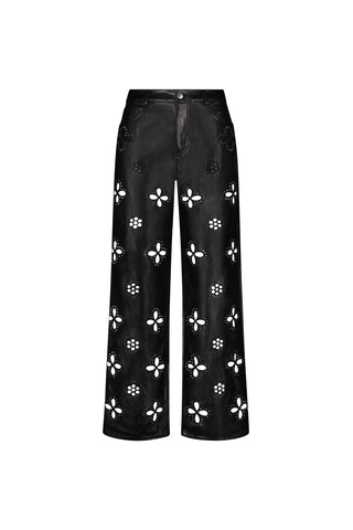 The Kaia Studded High Rise Leather Pant in black features a wide-leg silhouette, high waist, stud accents, front pockets, and a button closure. The background is plain white.