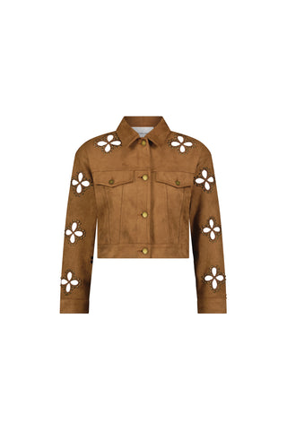 The Kaia Suede Jacket - Cognac is a brown cropped jacket featuring a collar, front buttons, two chest pockets, and delicate floral stitching on the shoulders, upper arms, and sleeves.