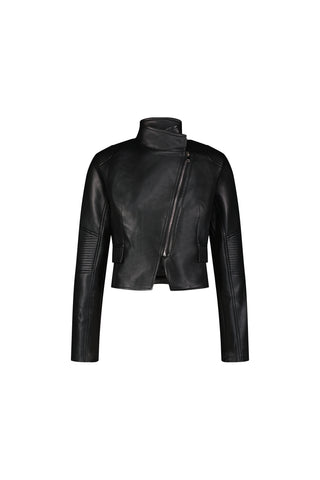 The Katalina Moto Jacket - Black showcases a black leather design with an asymmetrical front zipper, high collar, long sleeves with zipper cuffs, and ribbed detailing on the shoulders and elbows, set against a plain white background.