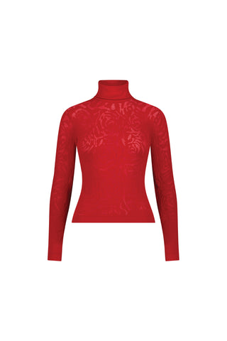 The Alina Rose Turtleneck Top in red is a slim-fit, long-sleeve semi-sheer mesh top with a subtle floral pattern, shown against a white background.