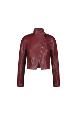 The Katalina Moto Jacket - Merlot showcases a rich burgundy leather with a high collar, sleek front zip, long sleeves, and an asymmetrical silhouette, set against a plain white background.