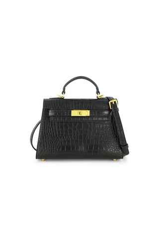 The Kayla Croco Handbag - Black features crocodile-embossed leather, a top handle, gold hardware, and a detachable shoulder strap, shown on a white background.