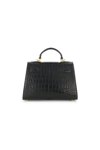 The Kayla Croco Handbag - Black features a structured design with a top handle, gold hardware, and a crocodile-embossed leather texture, shown against a plain white background.