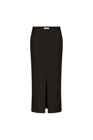 The Kendra Sueded Midi Skirt in black features suede fabric, a knee-length pencil silhouette, a front slit, and a small gold buckle at the waistband. Displayed on a white background.