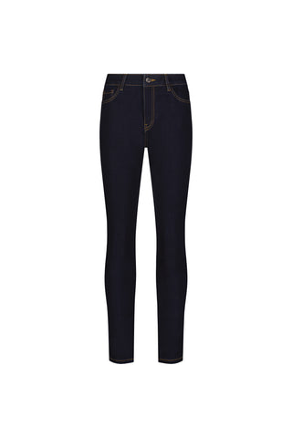 The Layla Skinny Jean - Indigo features dark blue stretch denim, gold stitching, front and back pockets, and a button closure, shown on a plain white background.