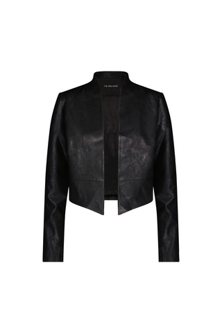 The Yasmin Leather Jacket in black is a cropped faux leather design with long sleeves and an open front, shown on a white background.